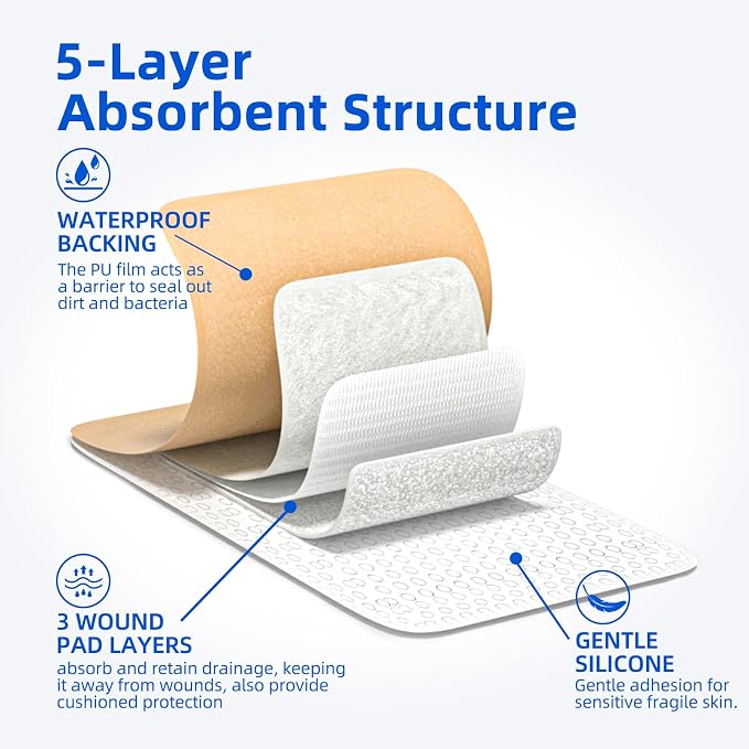 Niceful Ultra Soft Silicone Foam Dressing 4" x 12" - Large Bandages for Wounds, Highly Absorbent Waterproof Bandages for Bed Sores, Leg Ulcers, Knee Surgery 3 Count