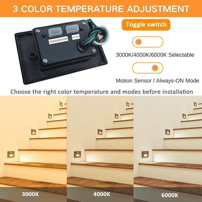 8 Pack 3CCT 120V Motion Sensor Step Lights with Dimmer Switch, Black | Hardwired LED Stair Lights Indoor Outdoor, 5%-100% Dimmable, 3000K/4000K/6000K, 5W 500LM, IP65 Waterproof, Aluminum, ETL