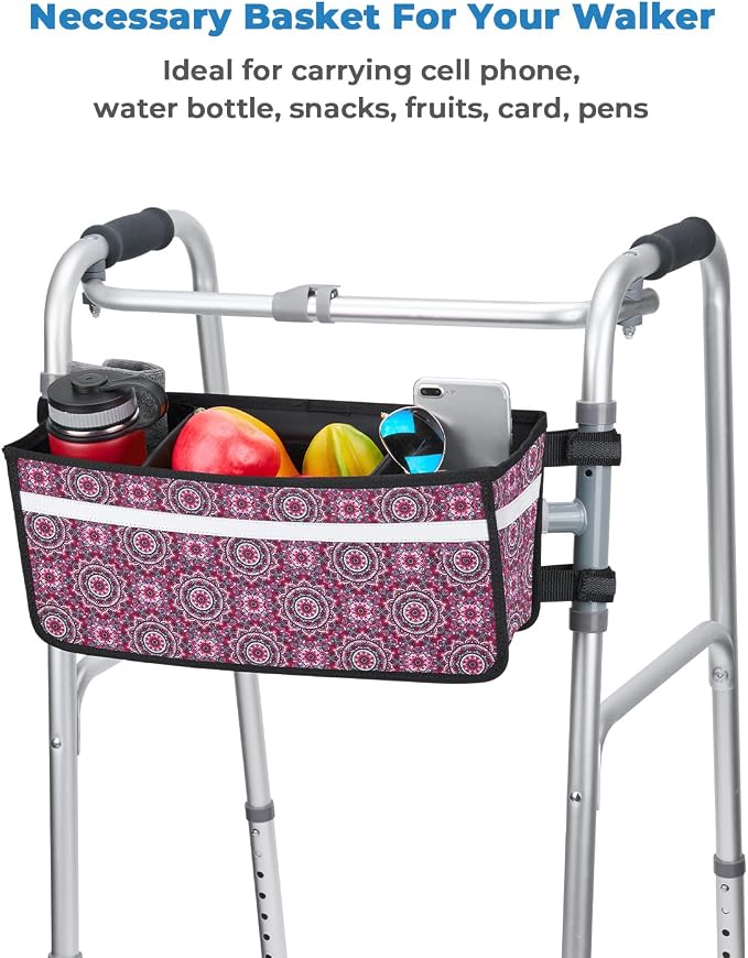 JOYTUTUS Walker Basket for Seniors, Basket for Walkers with Cup Holder, with Two Split Board, Foldable Walker Storage Bag, for Family and Friends, Purple Floral (Not Fit Rollator Walkers)
