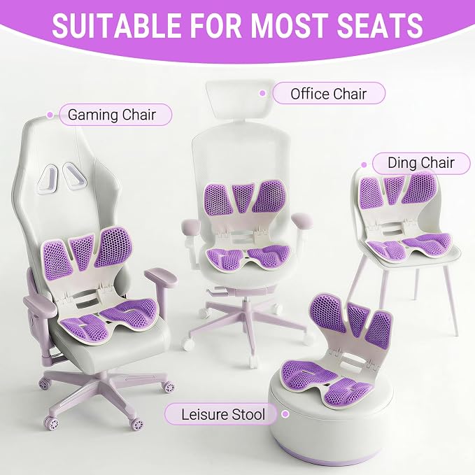 Ergonomic Gel Back Support for Office Chair - Folding Lumbar Support Posture Corrector,Portable Chair Back Rest Support for Floor Seat, Perfect for Home, Work, Vehicle,Purple
