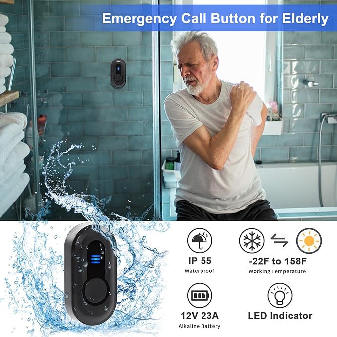 Wireless Caregiver Pager Call Button Nurse Call System 500Ft Range with LED Number Display for Elderly/Patient/Disabled at Home/Hospital/Clinic(6 Waterproof Call Button & 2 Receiver)