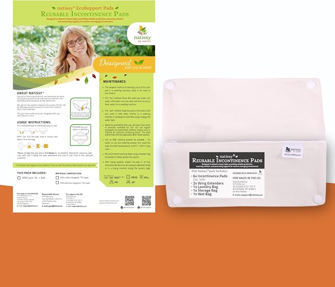 Non-Slip Reusable Incontinence Pads for Bladder Control (L+XL; 6-Pack); High Temp Washable Organic Cotton Cloth Pads with Quick Absorption & Odor Control; Soft & Non-Irritating for Sensitive Skin