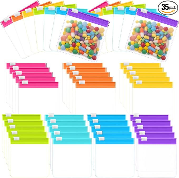 Sherr 35 Pcs Pill Pouch Bags with Zipper Pill Pouch Set Travel Reusable Translucent Medicine Organizer Self Sealing Plastic Bag with Slide Lock for Storage(Candy Colors,3.54 x 3.54 Inch,Blank Style)