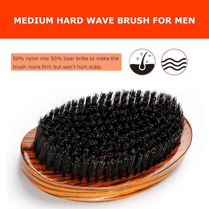 Curved Wave Brush for Men 360, Medium Hard Palm Hair Brushes Boar | Men's Hair Brushes for Black Hair Wavers to Creating 360 Waves (Stripes Yellow)