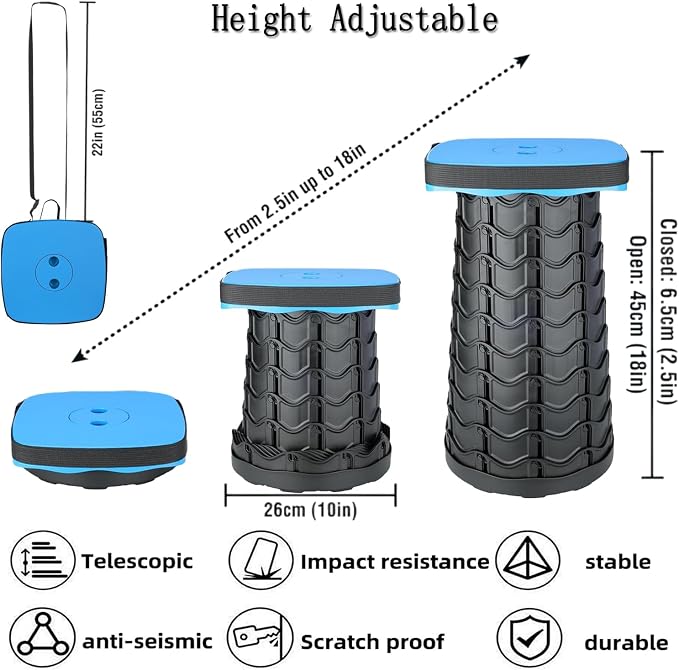 Upgraded Collapsible Stool Portable for Adults Heavy Duty, 620lbs Max Weight, Square Foldable Stool Thickened Telescoping Folding Seat for Camping Hiking, Outdoor, Travel(Square) (Blue)