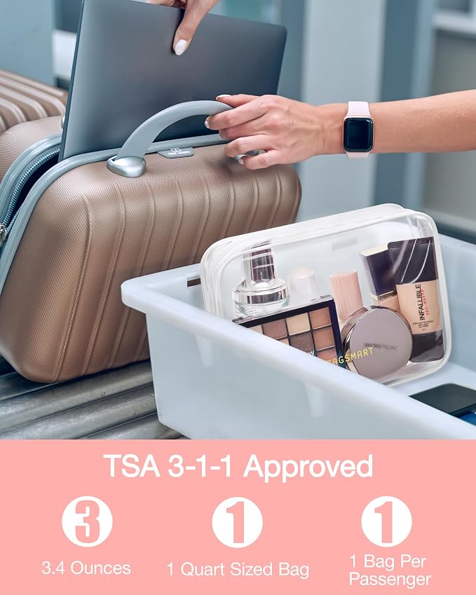 BAGSMART Clear Toiletry Bag, 3 Pack TSA Approved Travel Toiletry bag Carry on Travel Accessories Bag Airport Airline Quart Size Bags Water Repellent Makeup Cosmetic Bag for Women (White-3pcs) | Carry on Travel Accessories Bag, Airport Airline Quart Siz...