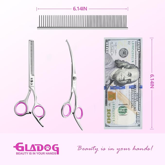 GLADOG Professional 4 in 1 Dog Grooming Scissors Set with Safety Round Tips, Sharp and Heavy-duty Pet Grooming Shears for Cats (Pink)