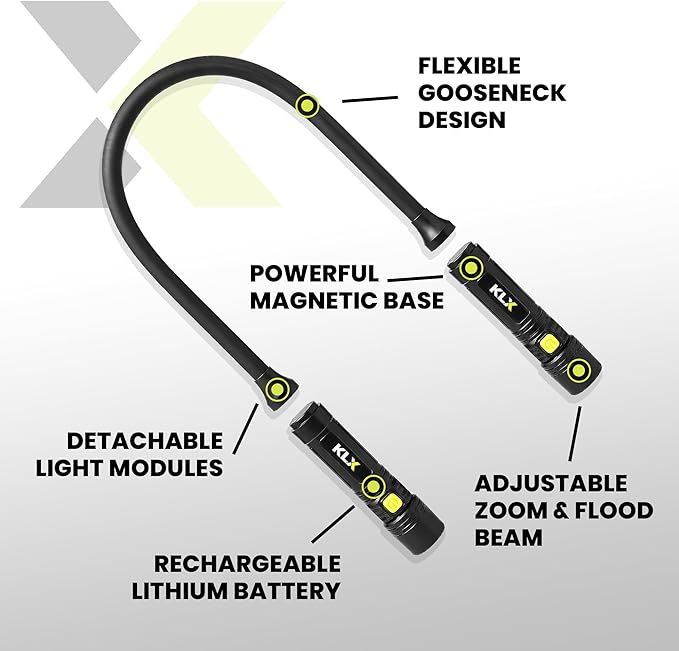 KLX Magnetic Neck Light - Hands-Free Detachable Zoomable Magnet Flashlight, Rechargeable Book Light, Flexible Neck Work Lamp for Reading, Camping, Repairing, Mechanics, DIY