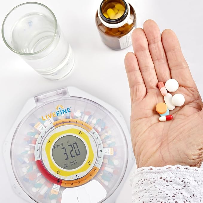 LiveFine Bluetooth Pill Dispenser, 9 Dosage Rings, 28-Day, Frosted Lid | Free app control with sound and light alerts, secure key lock, quick-press latch - trusted by seniors, arthritis sufferers.