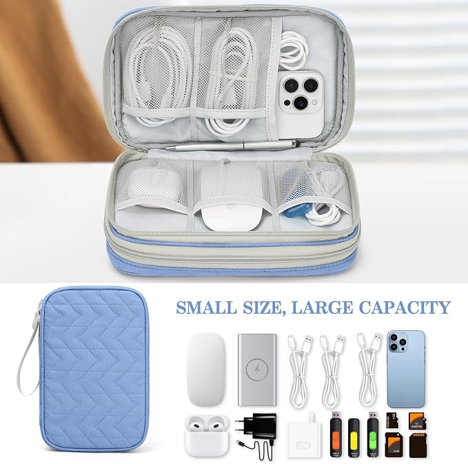 FYY Electronic Organizer, Travel Tech Pouch Bag, Large, Blue Quilted | Wrist Strap, Waterproof, Double Layers Portable Electronics Travel Carrying Case for Cord, Charger, Daily Business Trips Use