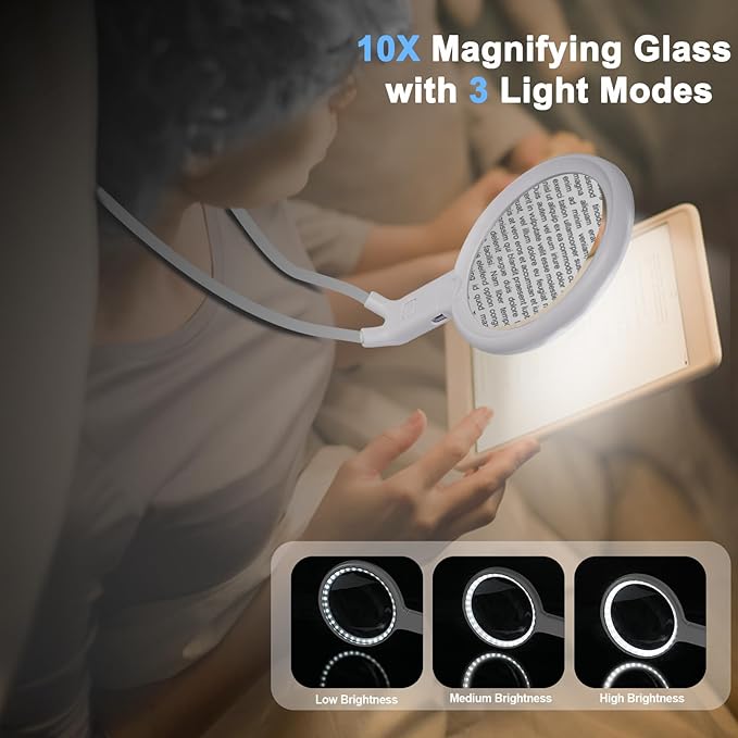 Neck Magnifier Hands Free with Light, 10X 5.2 Large Magnifying Glass with 36 LED Light, Flexible Gooseneck for Close Work Reading Sewing Senior (White)