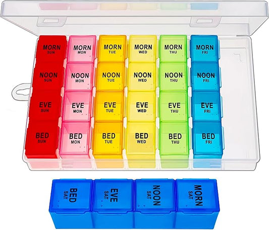ZVZM Weekly Pill Organizer 4 Times a Day, Medicine Organizer Box, Travel Daily Pill Box Organizer 7 Day, Pill Case, Pill Container Holder for Hold Vitamins/Fish Oils.