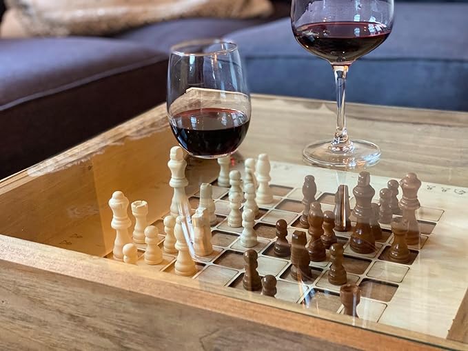 Rustic Chess and Checkers Coffee/End Table with Removable Glass top - Full Set of Chess and Checkers Pieces Included.