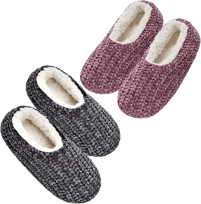 cosyone1997 2-Pair Thick Warm Fuzzy Slippers for Women Indoor Fluffy Sherpa Lined, Winter House Shoe Socks Non-Slip Soft Soles, Cozy Christmas Gifts