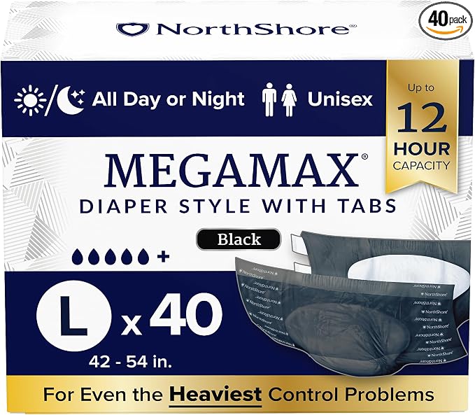NorthShore MegaMax 12-Hour HBL Adult Diapers for Heavy Bladder Leaks, Large, 40 Count, Black, 42-54 inches, Tab-Style Incontinence Underwear for Men, Women & Teens