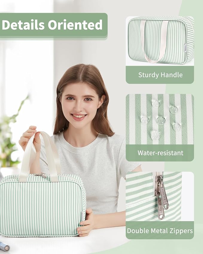 Full Size Toiletry Bag Women Large Cosmetic Bag Travel Makeup Bag Organizer Medicine Bag for Toiletries Essentials Accessories (Mint Green Stripe, Large)