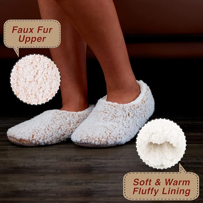 cosyone1997 2-Pair Thick Warm Fuzzy Slippers for Women Indoor Fluffy Sherpa Lined, Winter House Shoe Socks Non-Slip Soft Soles, Cozy Christmas Gifts
