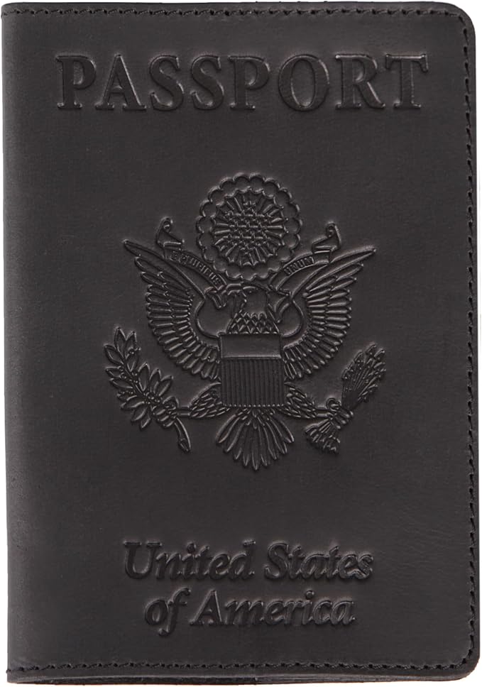 US Leather Passport Book Cover - Thin American Travel Passport Holder - Premium International USA Passport Protector Case for Women Men (Black Vintage New)