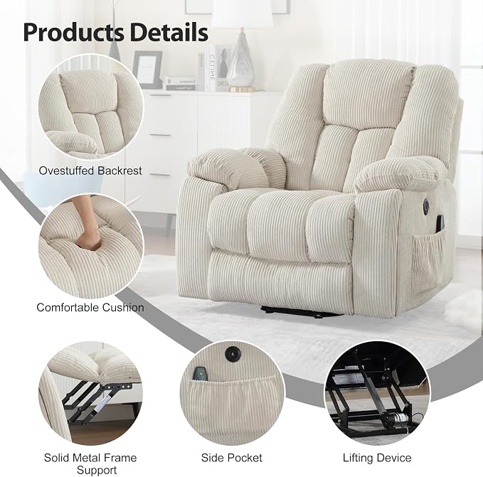 Power Lift Recliner Chair with Massage and Heat for Elderly, Overstuffed Wide Recliners, Heavy Duty and Safety Motion Reclining Mechanism with USB Ports, 2 Concealed Cup Holders, Beige