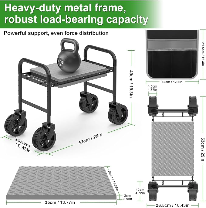 Garden Kneeler and Seat with 360° Wheels: 3-in-1 Rolling Gardning Stool | Foldable Garden Seat with Extendable Legs - Thick Pad and Tool Pouches - Heavy Duty Gardening Bench for Seniors