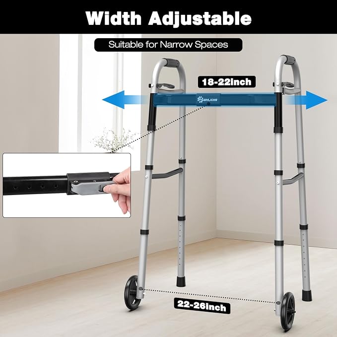 Whlicks Narrow Folding Walkers for Seniors,Aluminum Lightweight Walkers with Wheels, Adjustable Width and Height Front Wheel Walker for Elderly and Disabled, Supports up to 350 lbs