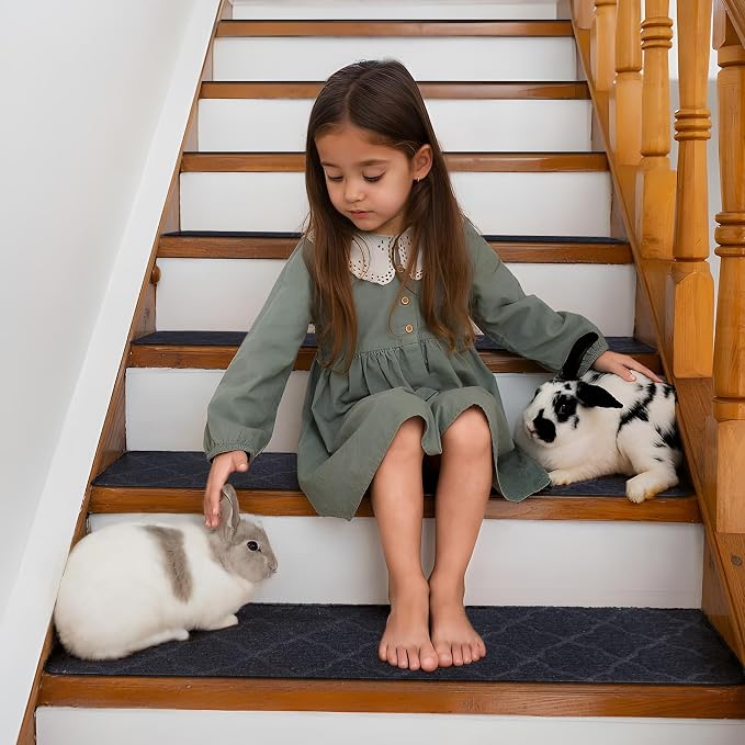 7 PCS Non Slip Stair Treads for Wooden Steps – 8"x30" Indoor Non Slip Stair Treads, Carpet Stair Mats with Self-Adhesive Backing, Removable & Machine Washable – Dark Grey Pattern
