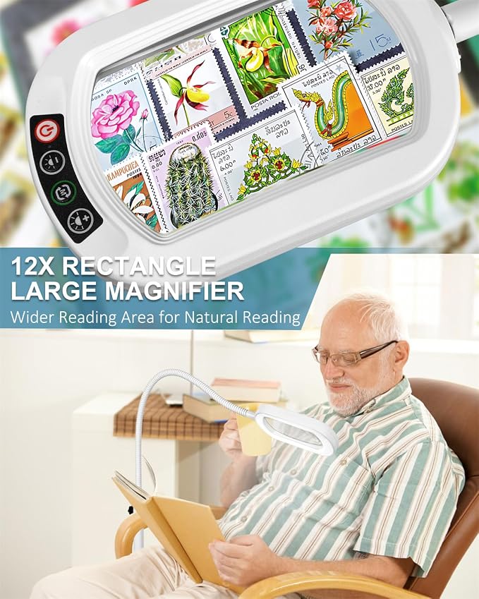 12X Rectangle Magnifying Glass with Light and Stand, 24" Flexible Gooseneck 3-in-1 Floor Lamp, 5 Color Modes Stepless Dimmable, LED Lighted Hands Free Magnifier for Reading Painting Close Work - White