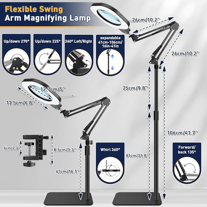 Magnifying Glass with Light and Stand,15x 3in1 Magnifying Lamp, 5 Color Stepless Dimmable,80 Led Desk&Floor Lamp with Lighted Magnifying Glass,Hands Free Magnifying Glasses for Close Work