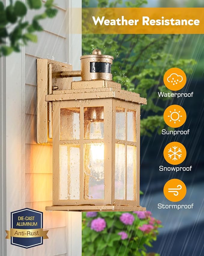 VIANIS 2 Pack Motion Sensor Outdoor Wall Lights, Modern Gold Exterior Garage Lighting Fixtures Wall Mount for House, Anti-Rust Waterproof Dusk to Dawn Front Porch Lights Wall Lantern Sconce for Patio | Anti-Rust Waterproof, Fade-resistant, Modern Gold ...