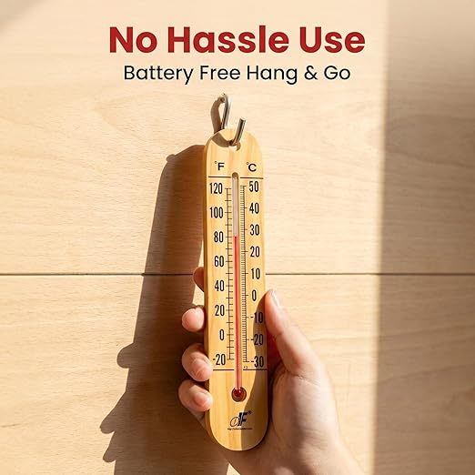 Large 10.5 Inch Vertical Wooden Thermometer | Indoor & Outdoor Use, -20°F to 120°F/-30°C to 50°C, Battery-Free, Weatherproof, Easy to Read & Ready to Hang