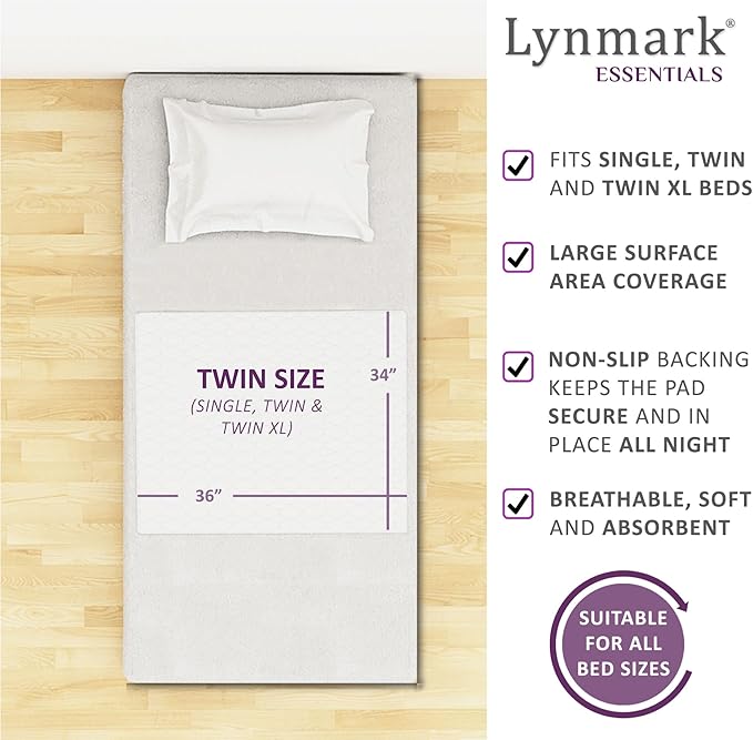 Lynmark® 3X Washable Bed Pads - Non-Slip Waterproof Mattress Protector Underpads with Extra Long Tucks - Ultra-Absorbent Oeko-Tex Certified Cotton Incontinence Pad for Bedwetting - Twin (34" x 36")