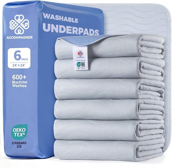 Accompagner Incontinence Bed Pads Washable Waterproof, Ultra-Absorbent Reusable Underpads for Diaper Changing, Nursing, Bedridden, Adults, Seniors, Kids and Dogs (Pearl Gray, 24"x24"(Pack of 6))