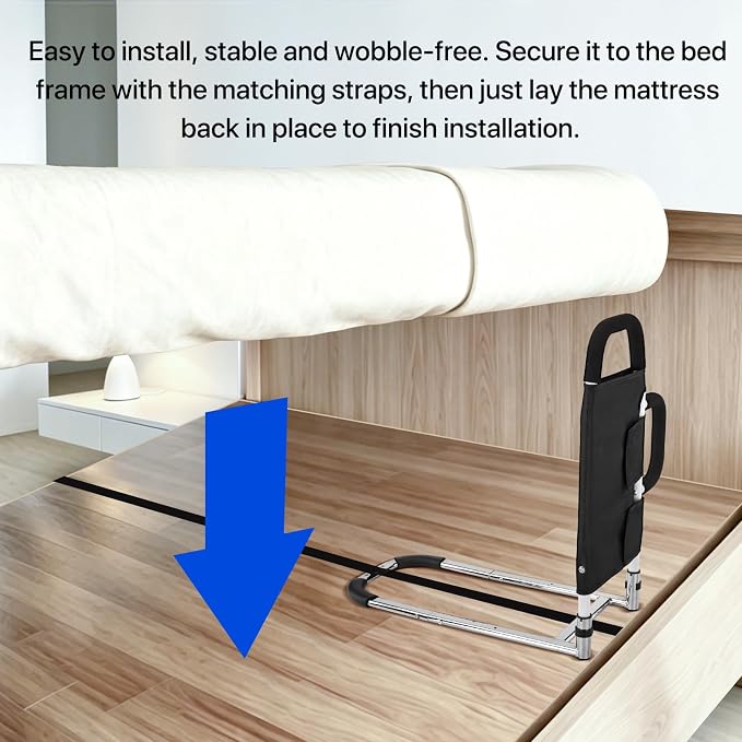 2026 Upgraded ASTM Approved Bed Assist Rail Adjustable 400 LBS Senior Bed Cane Anti-Slip Handle & Storage Pocket