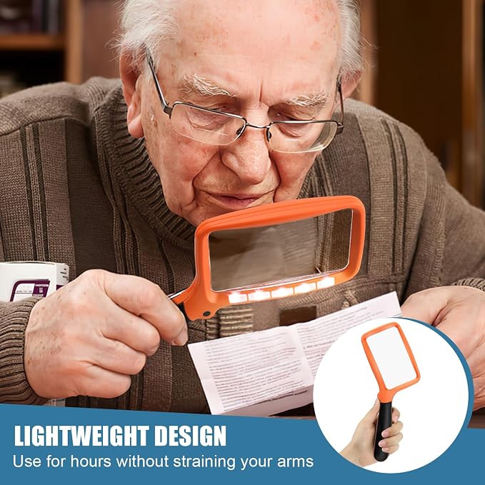 Folding Handheld Magnifying Glass with Light, 5X Large Rectangle Reading Magnifier with Dimmable LED for Seniors with Macular Degeneration, Newspaper, Book, Small Print, Lighted for Low Visions Orange