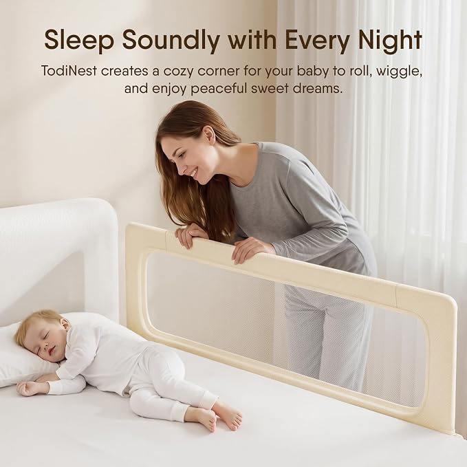 Bed Rail for Toddlers,71 Inch Foldable Baby Guard | 71 in foldable toddler rail with reinforced anchors, no-gap mattress fit, double lock, washable fabric for King|Queen