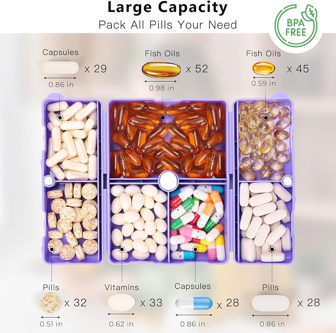 FYY Daily Pill Organizer,7 Compartments Portable Pill Case Travel Pill Organizer,[Folding Design] Large Pill Box for Purse Pocket to Hold Vitamins,Cod Liver Oil,Supplements and Medication-Purple