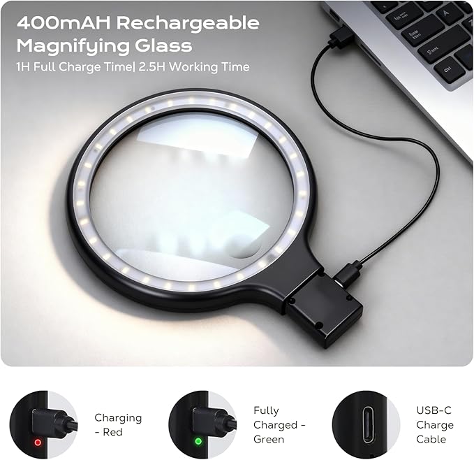 Hands Free & Handheld 10X/5X Magnifying Glass, Rechargeable 30 LED with 3 Light Modes for Seniors with Low Vision, Reading, Crafting (Black)