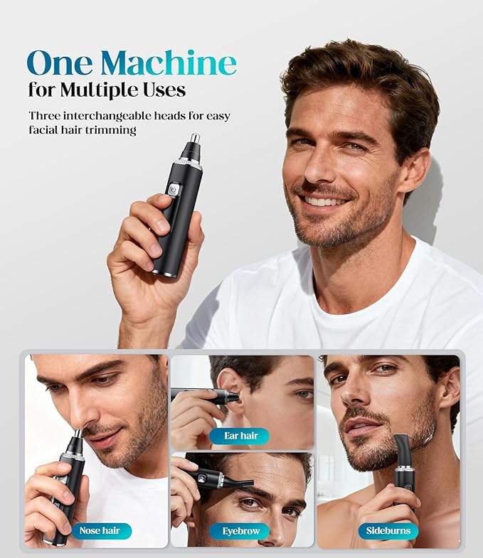 Nose Hair Trimmer for Men and Women, Type-C Rechargeable Precision Groomer with Double-Edged Blades, Painless & IPX7 Waterproof Design for Nose, Ears, Eyebrows and Facial Hair - Black