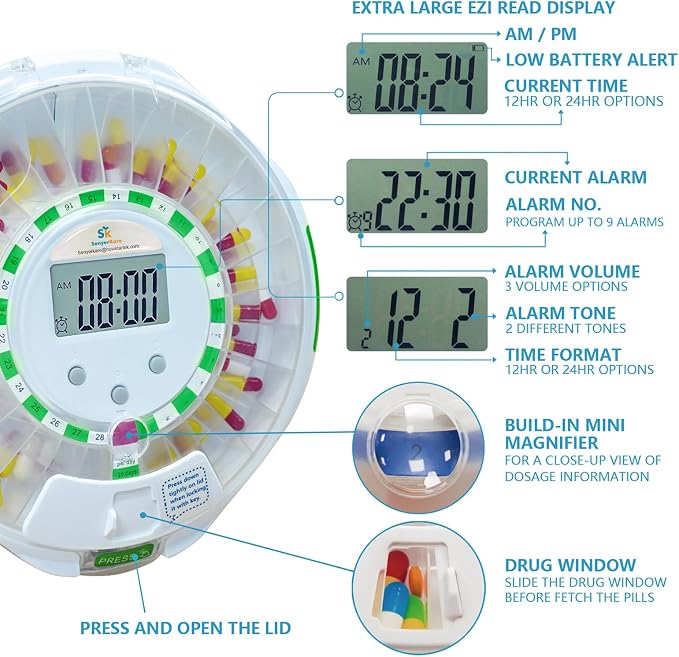 Bluetooth Automatic Pill Dispenser for Elderly with APP Alarm | Medication Track History, Sound/Light Alert, Up to 9 Daily Doses, 28 Day Locked Medication Organizer for Dementia & Caregiver