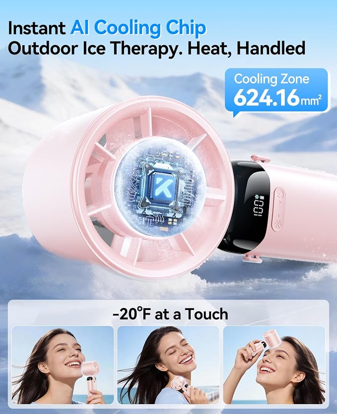 KIMMOO Handheld Portable Turbo Fan with Ice Cooler, Powerful 21000 RPM, Speed (1-199), Up to 14Hrs Cooling, Rechargeable Personal Fan, Small Pocket Hand Fans for Travel/Outdoor/Home/Office (Pink)