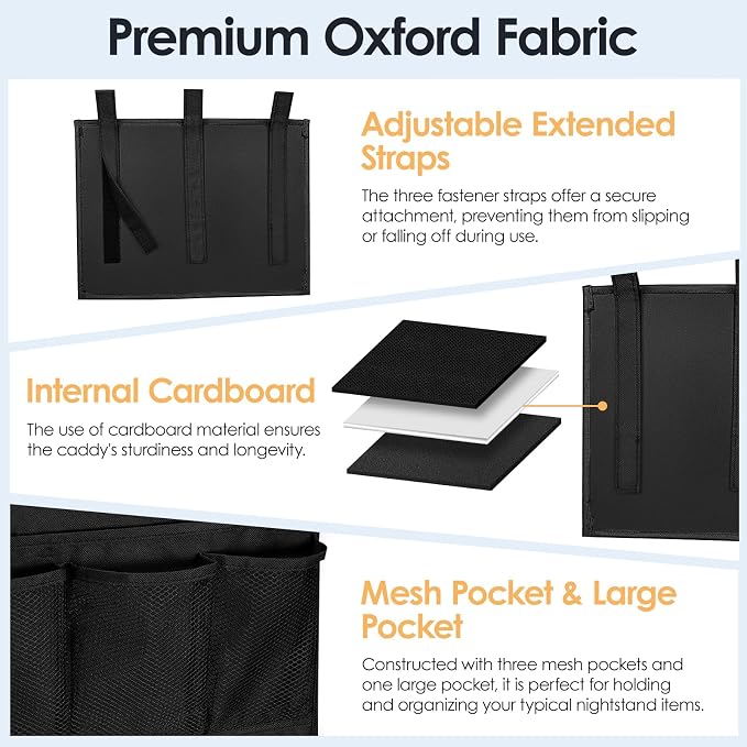 Bedside Caddy Storage Organizer, Hanging Storage Bag Pocket | Bunk/Hospital Beds, College Dorm Organizer for Remotes Phone,College Dorm,Camp,Bed Rails(4 Pockets),Black