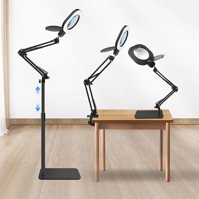 Magnifying Glass with Light and Stand,15x 3in1 Magnifying Lamp, 5 Color Stepless Dimmable,80 Led Desk&Floor Lamp with Lighted Magnifying Glass,Hands Free Magnifying Glasses for Close Work