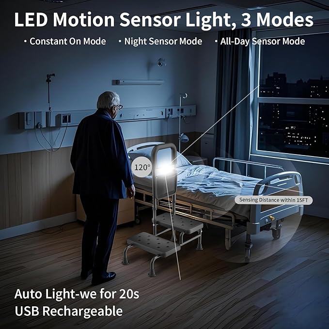 Step Stool with Handle for Adults- Step Stools for Seniors with Adjustable Handrail, Non-Skid Platform, Elderly, Foot Stool, Bed Steps for High Beds for Adults (2 Step Stool)