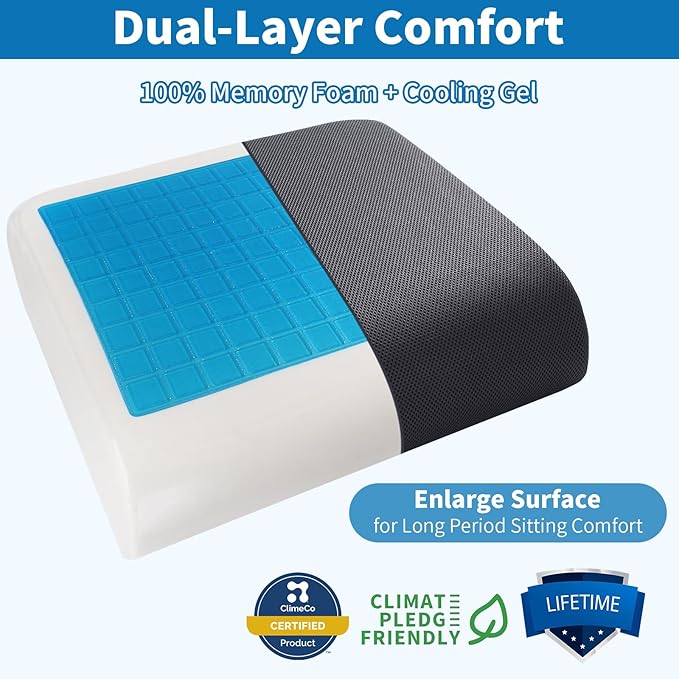 YOUFI Extra Thick Large Seat Cushion with Extra Cover, Gel Memory Foam Cushion with Carry Handle Non Slip Bottom, Pain Relief Coccyx Cushion for Office Chair, 19''x17.5''x4'' (Black Cover)