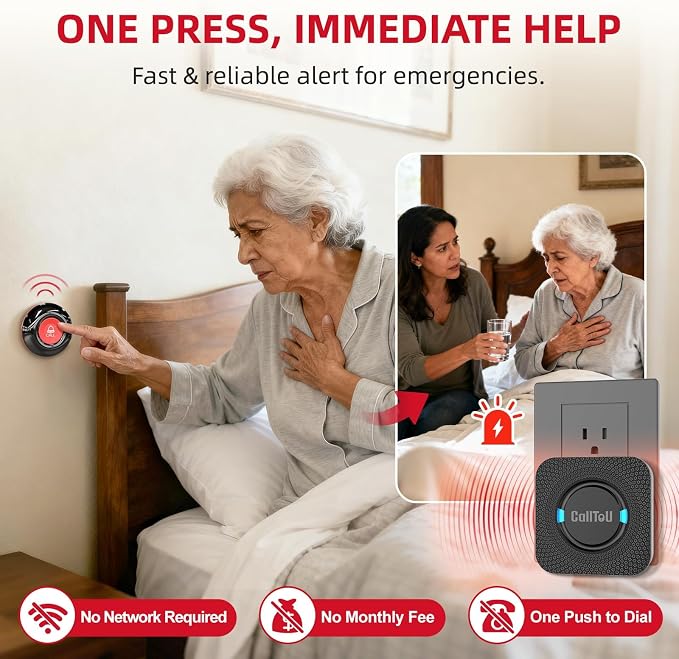 CallToU Caregiver Pager Wireless Call Button for Elderly at Home, 500+ ft Open Area Long Range Through Walls, 3 Plug-in Receivers and 2 Waterproof SOS Buttons, Home Nurse Call System