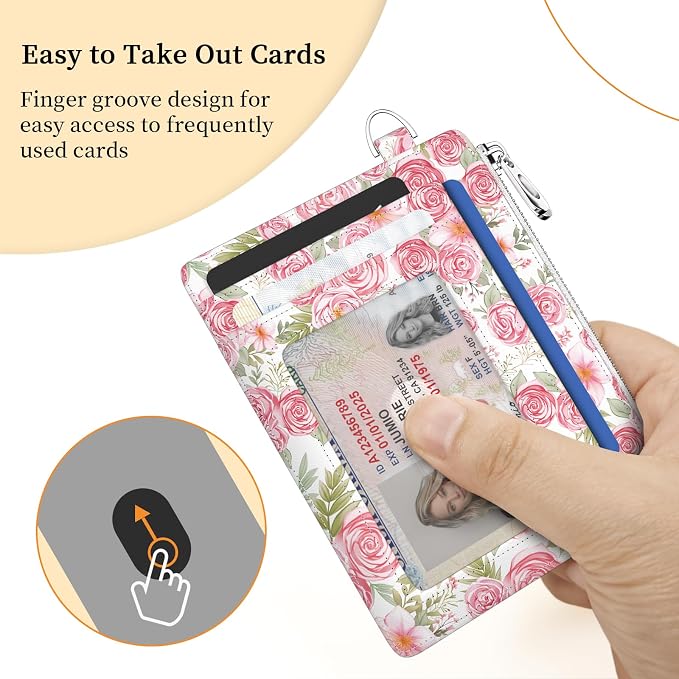 Hancynir Flower Floral Slim Wallet Women Credit Card Holder RFID Small | Zipper Pocket Wallet, Thin Travel Coin Purse, Ladies Women Gifts, Minimalist Card Case, 6 Card Slots, ID Window, PU Leather
