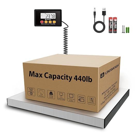 UNIWEIGH Digital Postal Scale 440lb x 10g Accuracy Shipping Scale | Stainless Steel Platforms,Heavy Duty Scale with LCD/Hold/Tare,Postage Scale for Packages,Luggage Scale,Battery&USB Included