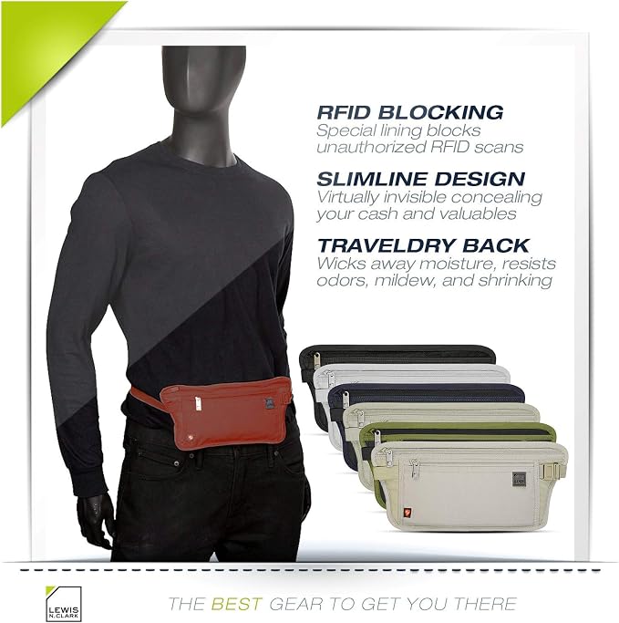 Lewis N. Clark Travel Money Belt Pouch, Slim RFID Blocking Anti Theft Waist Stash Pouches for Cash, Cards and Passport Holder