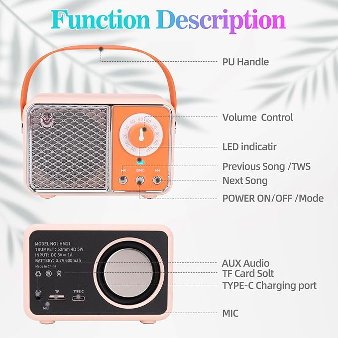 Dosmix Retro Bluetooth Speaker, Vintage Decor, Wireless Bluetooth Speakers, Cute Old Fashion Style for Kitchen Desk Bedroom Office Party Outdoor Kawaii Accessories (Orange)
