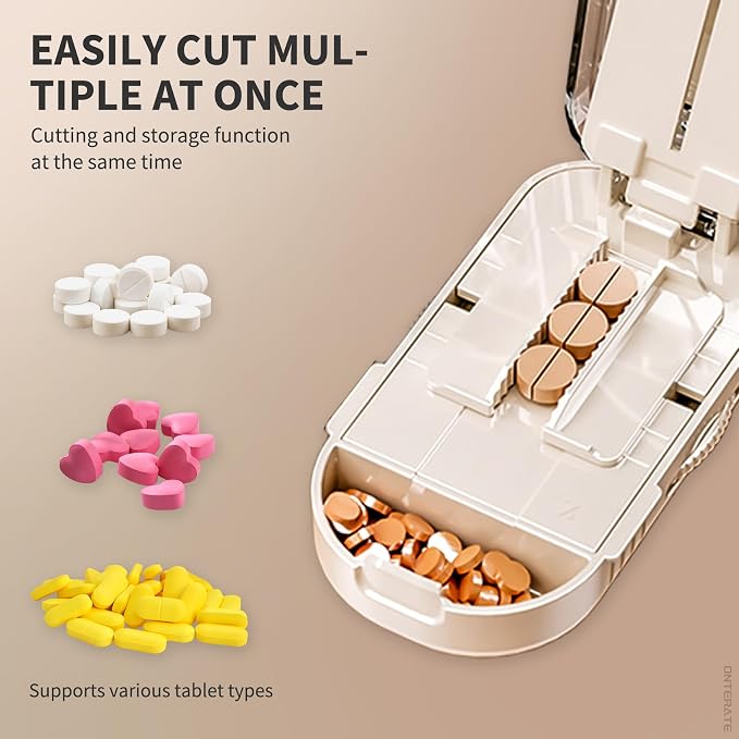 ONTERATE Pill Cutter Splitter for Small & Large Pills, Adjustable Pill Splitter with Safety Guard Hidden Stainless Steel Blade, Travel Tablet Vitamin Cutter Cutting into 1/2 (Black)